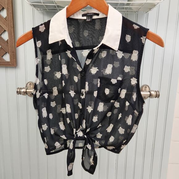 Forever 21 Sleeveless Owl Patterned Sheer Tie Waist Crop Top Blouse - Picture 1 of 6